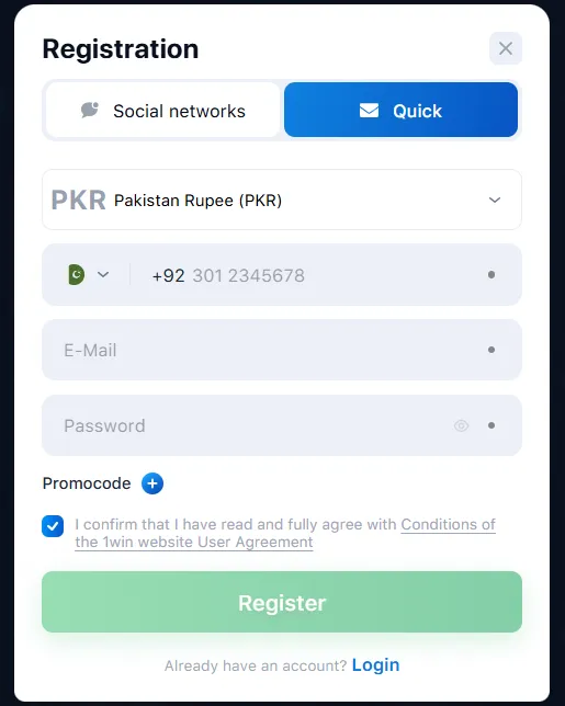 1win registration Pakistan